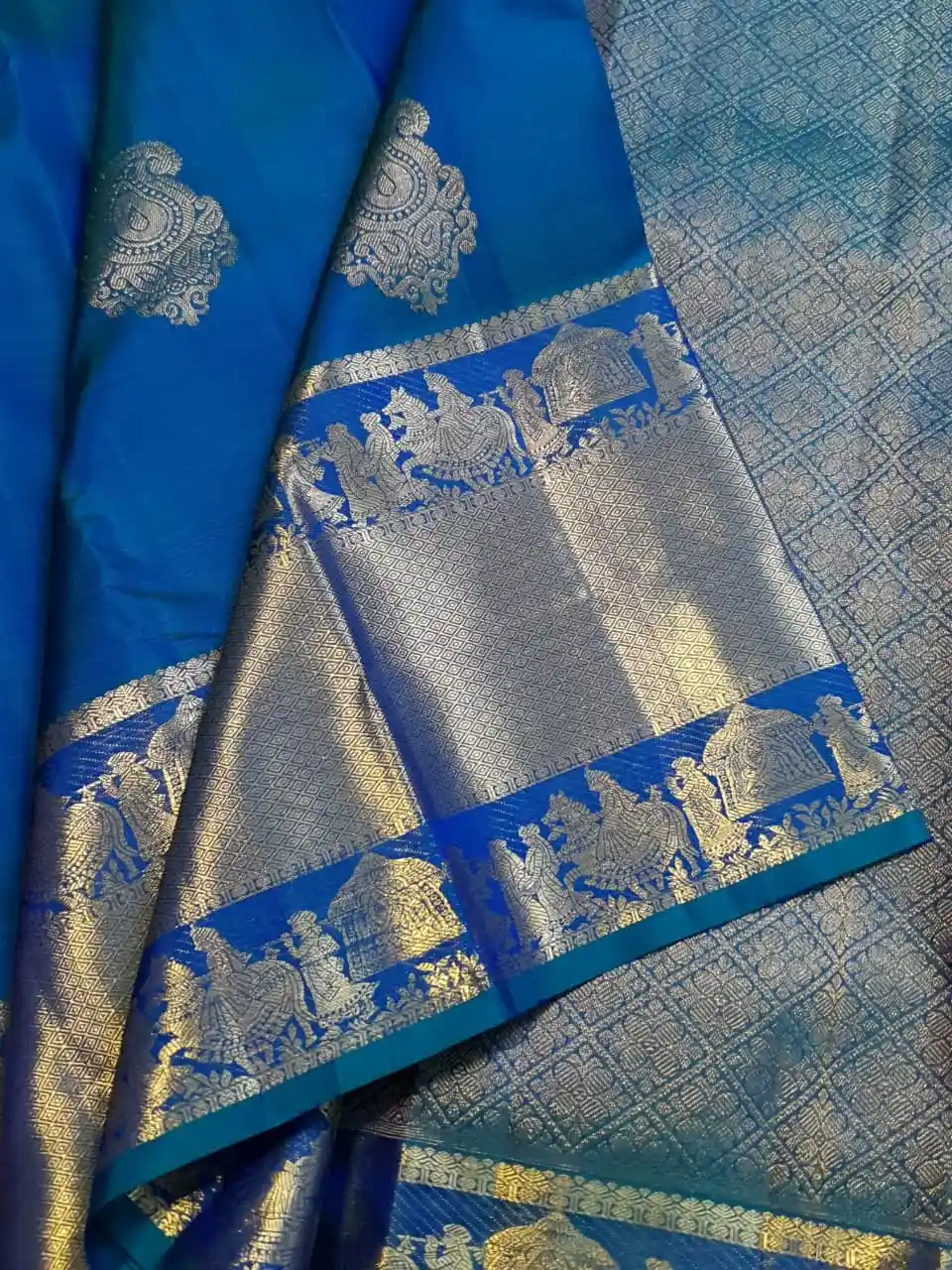 Royal Blue Silver Zari Kanchipuram Handloom Bridal Silk Saree